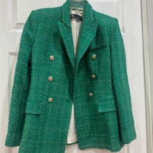 Zara Emerald Green Tweed Double-Breasted Blazer